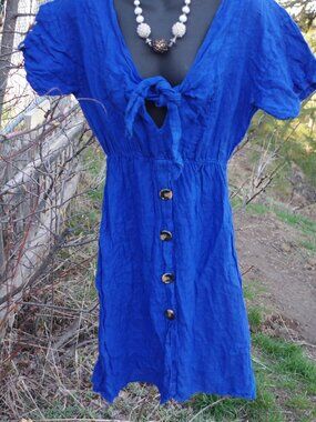 Ladies Cute Blue 100% Linen Dress